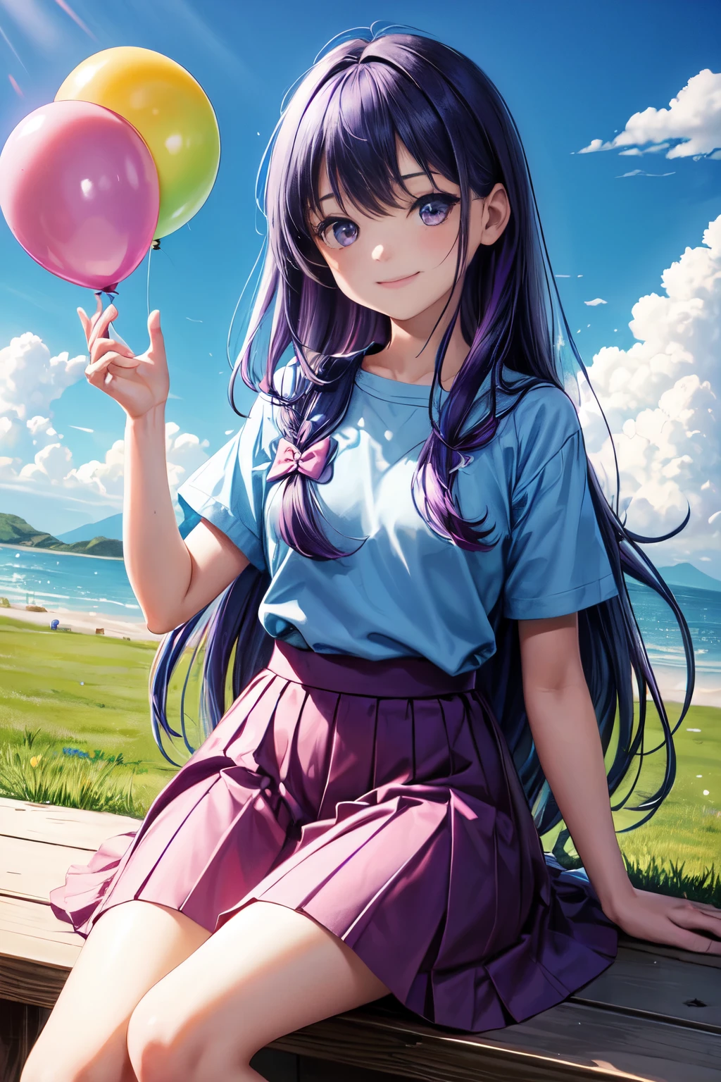 the girl has blue and purple hair and is holding balls in the air, 1girl, solo, balloon, skirt, smile, sitting, purple eyes, sky, shirt, looking at viewer, short sleeves, cloud, blush, long hair, blue shirt, outdoors, bangs, day, blue sky((kiddie, JC,littlegirl,kodomo))