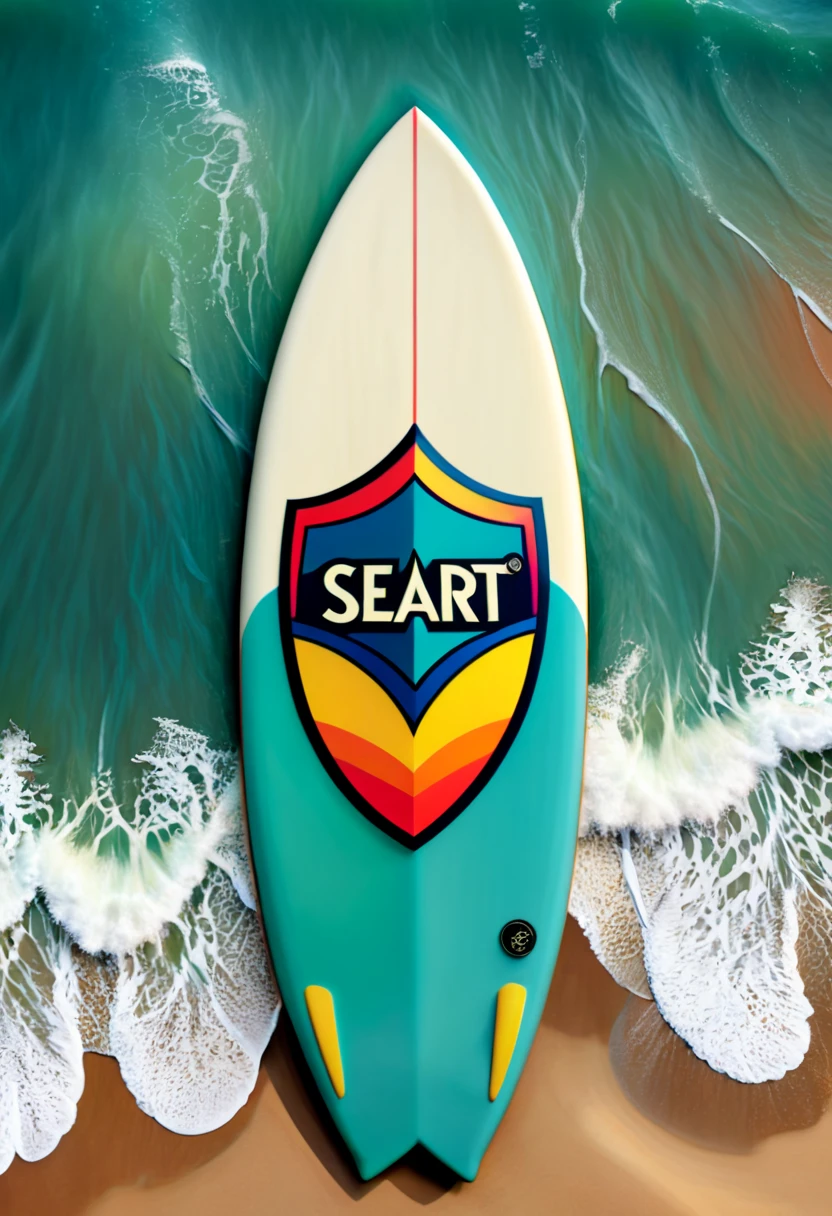 a surfboard with a shield drawn on the bottom where it says, "seaart". (best quality,4k,highres),zentangle art,surfboard,origami,a surfboard with a shield drawn on the bottom where it says, "seaart",detailed patterns,dark color palette,creative lighting,sharp focus,line art,fine details,vibrant colors,abstract representation,beach scene,water waves,summer vibes,relaxing atmosphere,crisp edges,artistic composition,contrast of textures,stylized elements,hand-drawn feel,natural elements,beautiful craftsmanship,impressive intricacy,unique design,inspired by nature,artistic expression,harmonious balance,wave-inspired motifs,abstract and symbolic elements, a surfboard with a shield drawn on the bottom where it says, "seaart"