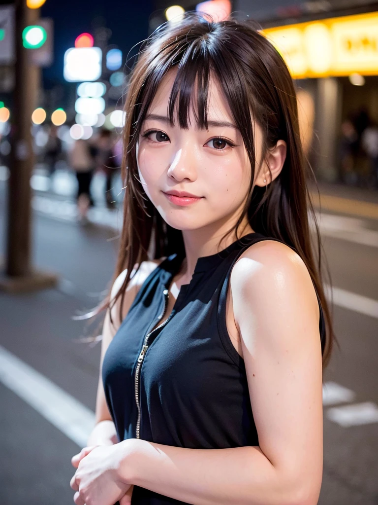 1 girl, Tokyo street, night, cityscape, city lights, upper body, close-up, blouse, smile, (8k, RAW photo, top quality, masterpiece: 1.2), (real, photoreal: 1.37),体全体を写して、スカート、ブーツ、立つ、セクシーポーズ、