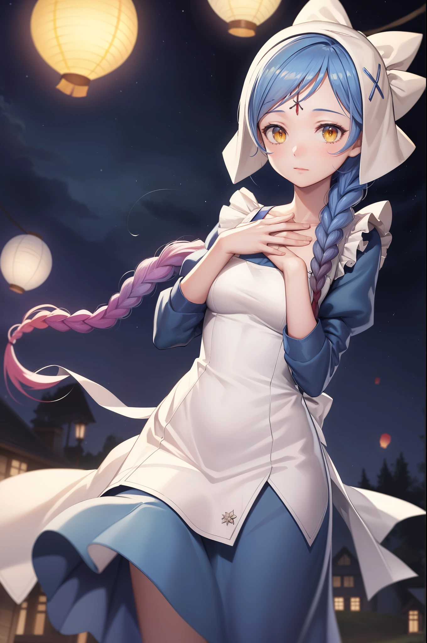 masterpiece, best quality, lilith, forehead jewel, single braid, bonnet, blue dress, white apron, cowboy shot, looking at viewer, hand to chest, night sky, paper lanterns 