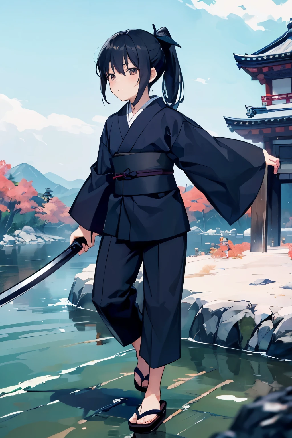 a boy,Japanese boy,Dark black hair,little boy,alone,swordsman,ronin,Lady Lady,Doll head,Single ponytail,kimono,白色kimono,clogs