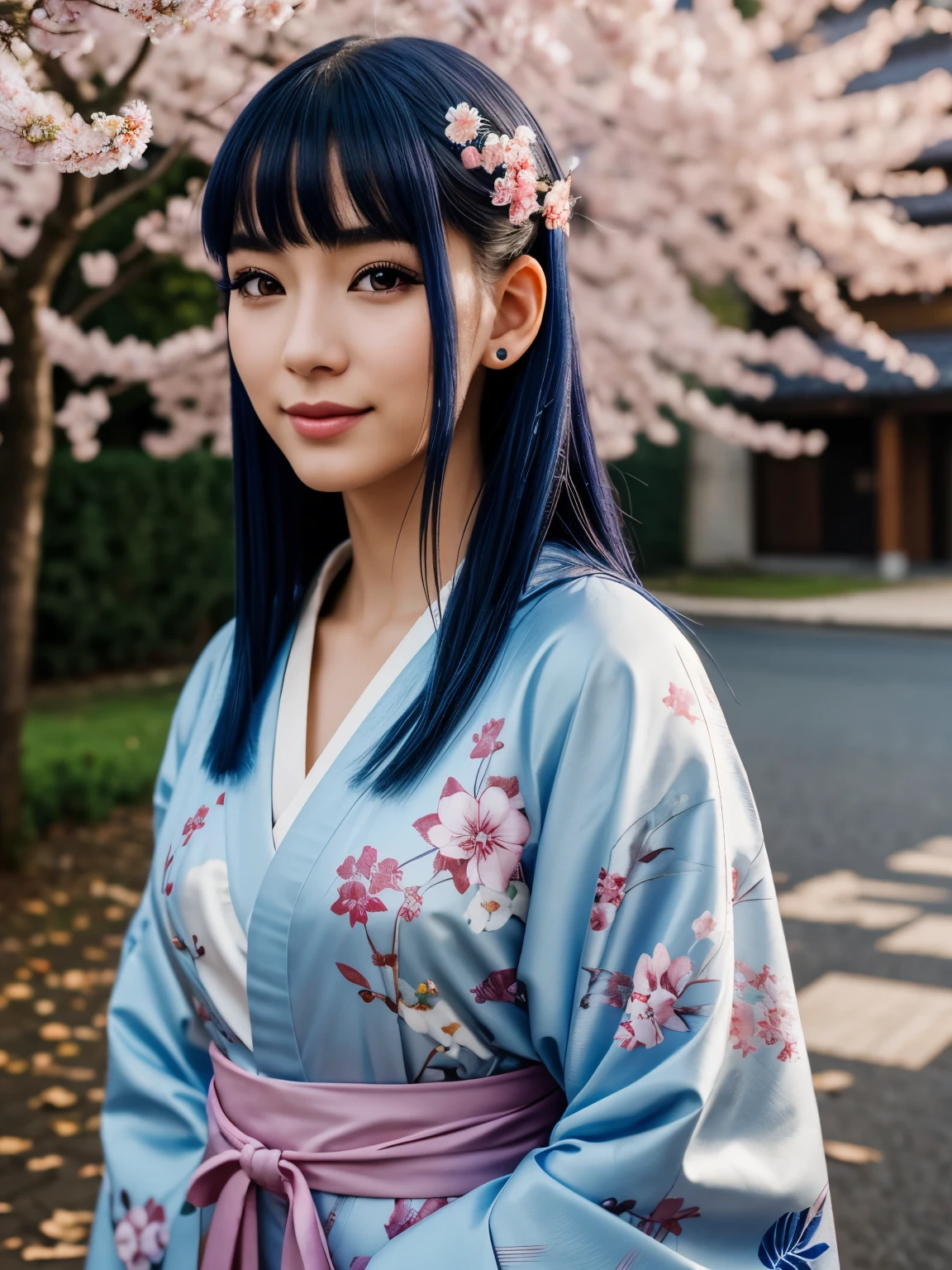 1 european girl, 20 years old, wearing a kimono, dark blue hair, hairpin, mismatched pupils, long pointy ears, makeup, light smile, sakura tree in the background, Hyperrealism, cinematic lighting, UHD, masterpiece, ccurate, anatomically correct, textured skin, super detail, high details, high quality, award winning, best quality