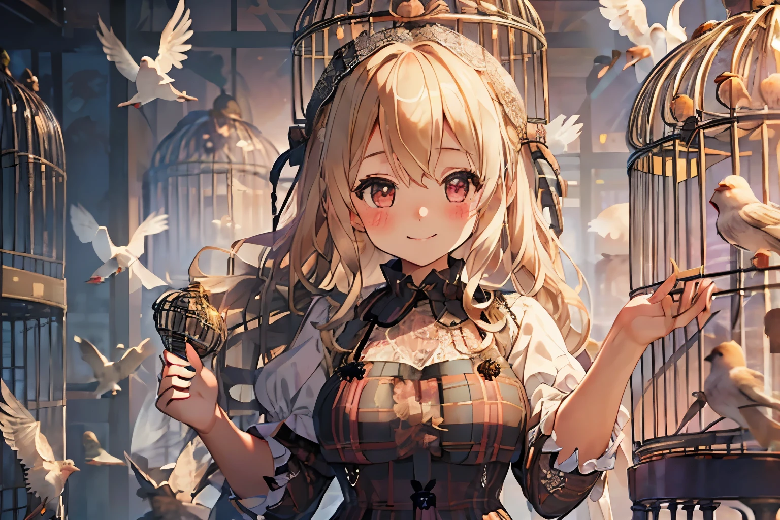 girl,cute,(blonde:1.2),(long hair with curls:1.2),(With bangs),(Eye size:1.5),(Plaid dress:1.3),(dress with lots of lace:1.35),(blush:1.2),(girl in cage:1.6),(Smile slightly:1.1),(close up of face:1.3),(Birds are flying:1.35),