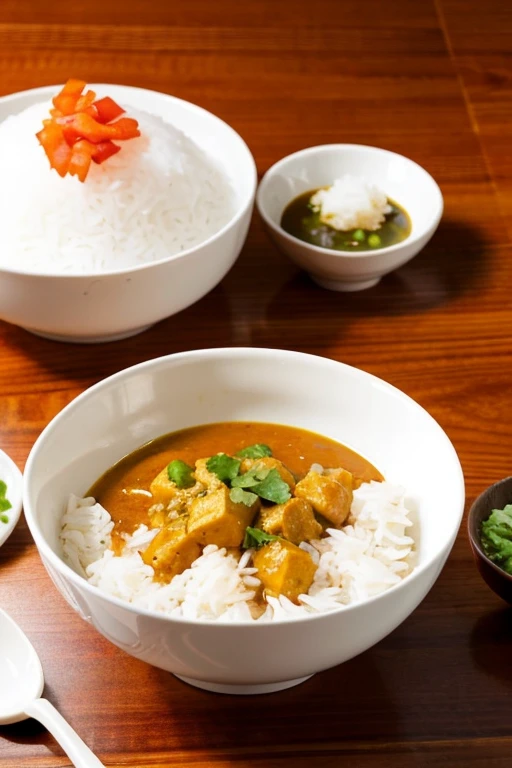 The background of the picture is white and curry and rice is drawn in 3D.