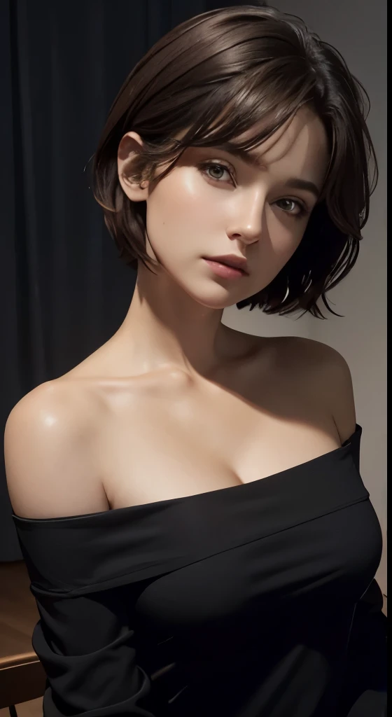 Skin Tight Black Top:1.2、look at viewer、cinematic lighting、perfect、soft light、High resolution skin:1.2、realistic skin texture、30 year old mature woman、small face、no makeup、off shoulder、Bust B Cup、 exposed cleavage、red eyes、short hair、dark brown hair、full nude、gray background、