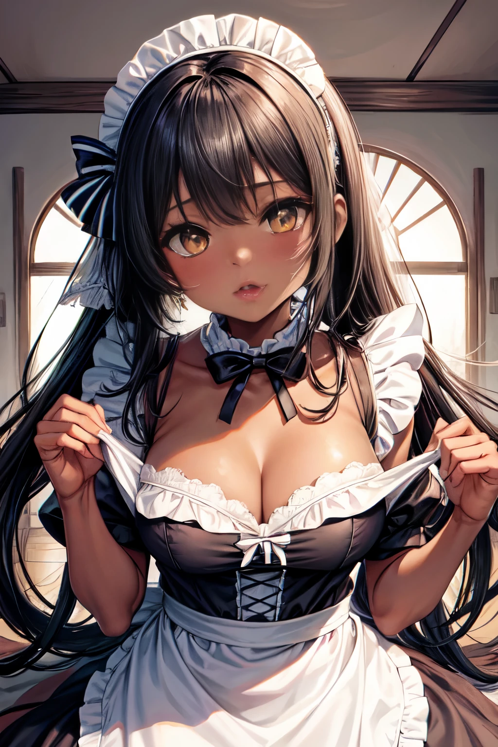 a close up of a sexy maid playing with her hands while wearing a maid outfit, 1girl, breasts, maid headdress, solo, apron, , yellow eyes, dark-skinned female, cleavage, long hair, large breasts, dark skin, maid, white hair, jewelry, short sleeves, bow, looking at viewer, blue bow((die, JC,litl,kodomo))


