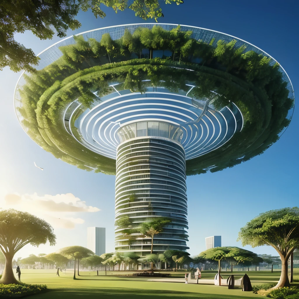 Huge futuristic building shaped like a banyan tree，The canopy is a platform for vast stacks of leaf-like solar panels，The trunk is a giant white spiral tower，There is a net on the surface of the giant tower to intercept water vapor，Buildings in the desert