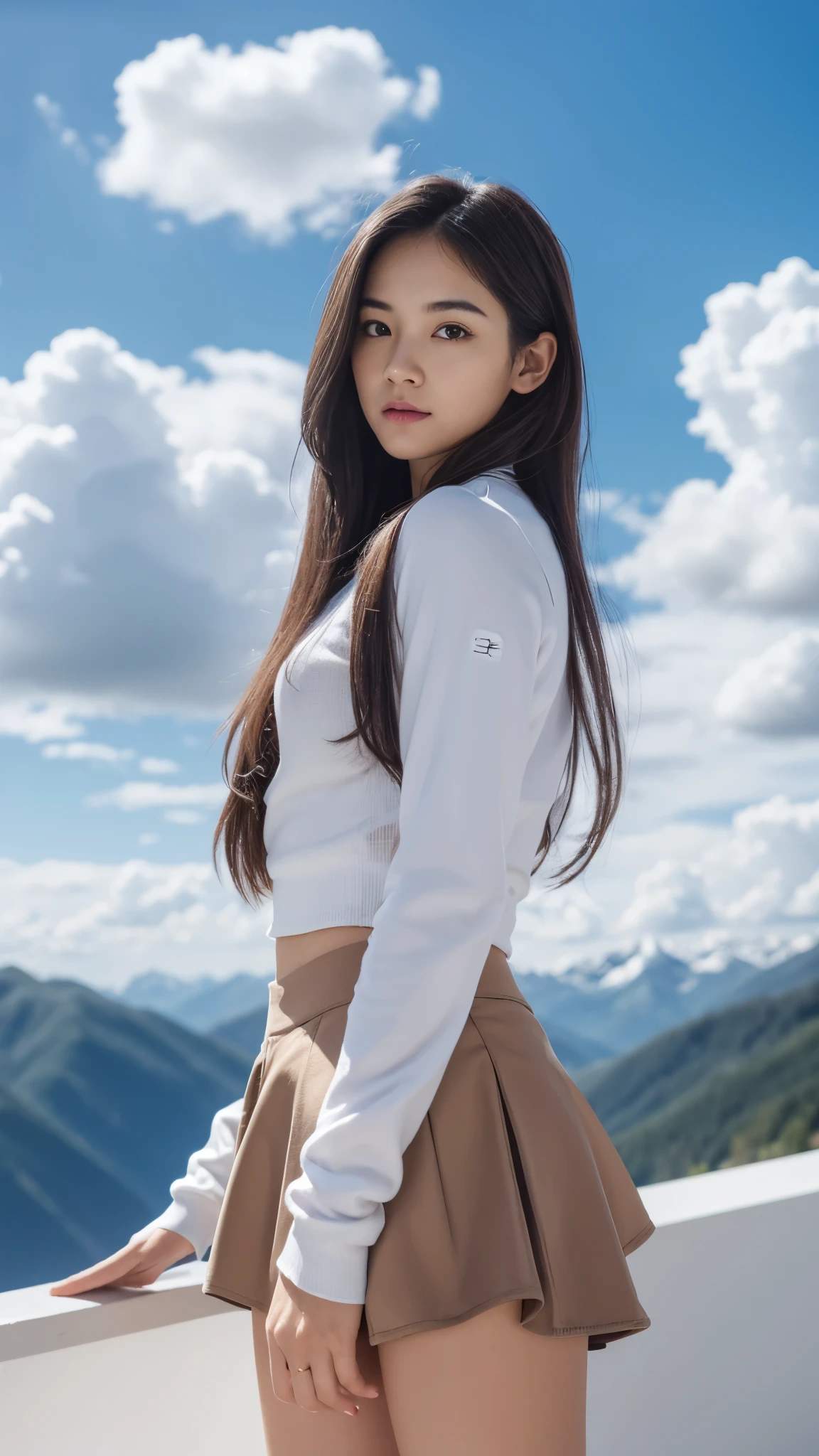Female1, face, long hair, tight skirt, Huge clouds, I can see a little panties, big, Pabu gloss, 8 thousand, Hand details, Details, detailed eyes, perfect body, Voluminous body, Sexy Snowboard Uniform, Dolphin pants, small face, detailed face, perfect face, 아주 big 가슴, Small Hands, balance eye,