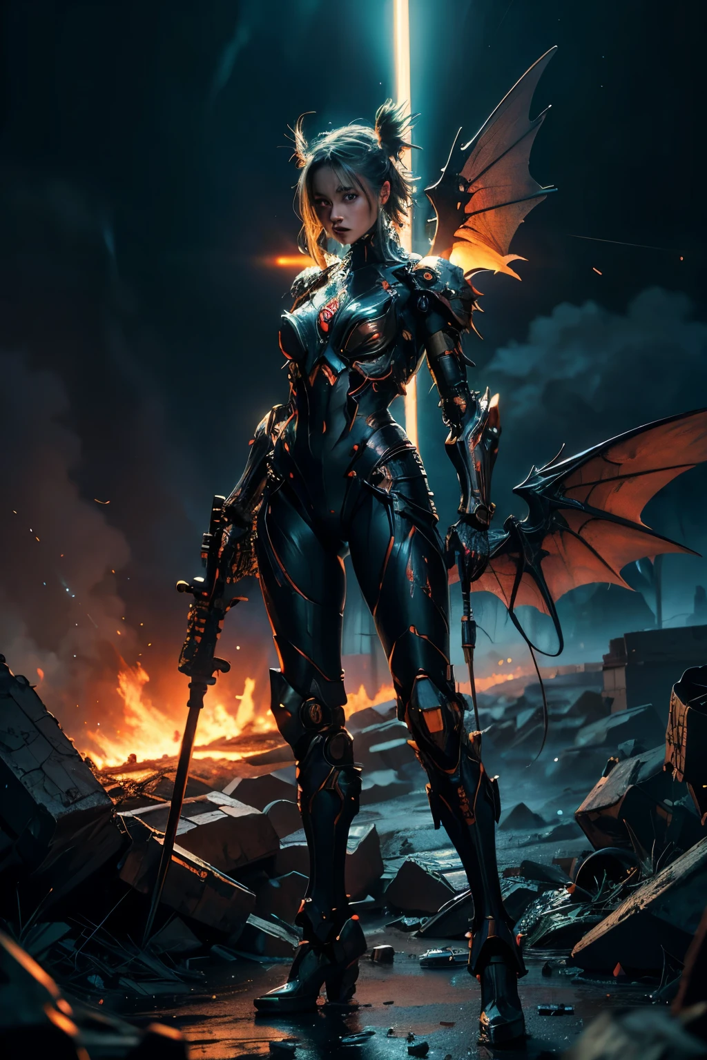(Top Quality, 8k), Beautiful Succubus Warrior in Neon Mecha Armor Holding a Staff, Glowing Light Eyes, Demon Wings, Wide Shot, Biomechanical, Eerie, Creepy, Nightmarish, Very Bright Neon Colours, Light Particles Glowing, Winner of the Year's Best Photo, The World on Fire, Post-Apocalyptic Hellscape Military Photography, Photo Epic of the Year, Fire on the Horizon, Epic Cinematic Shot, Pure Form Revealed, Intricate Details, 8k Post-Production, High Resolution, Super Detailed,