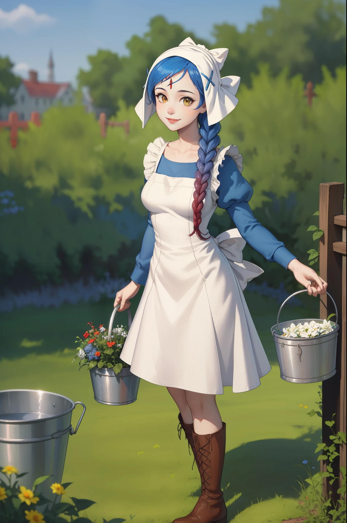 masterpiece, best quality, lilith, forehead jewel, single braid, bonnet, blue dress, white apron, knee boots, standing, garden, holding bucket with both hands, looking at viewer, smile 