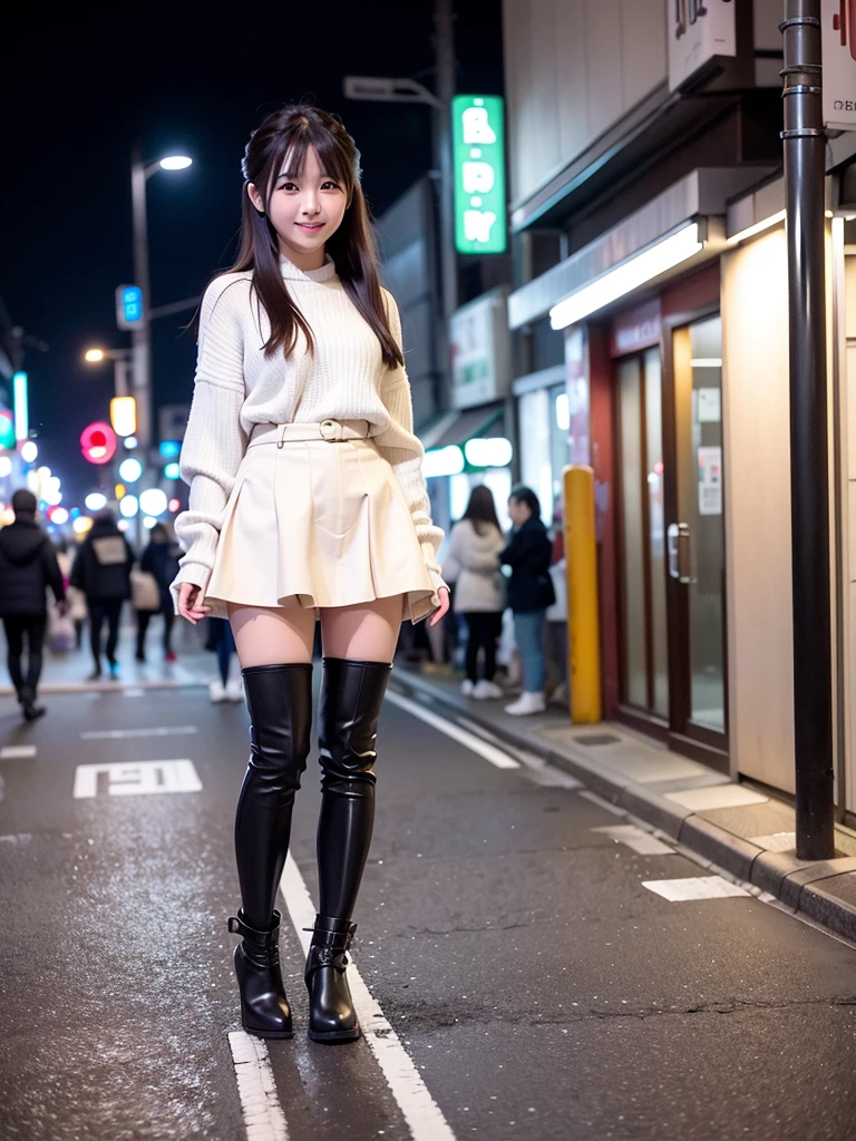 1 girl, Tokyo street, night, cityscape, city lights, smile, (8k, RAW photo, top quality, masterpiece: 1.2), (real, photoreal: 1.37),Photographing the entire body、skirt、boots、stand、sexy pose、white blouse、Winter clothes