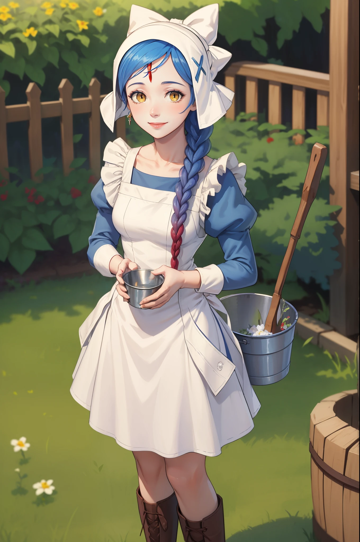 masterpiece, best quality, lilith, forehead jewel, single braid, bonnet, blue dress, white apron, knee boots, standing, garden, holding bucket with both hands, looking at viewer, smile 