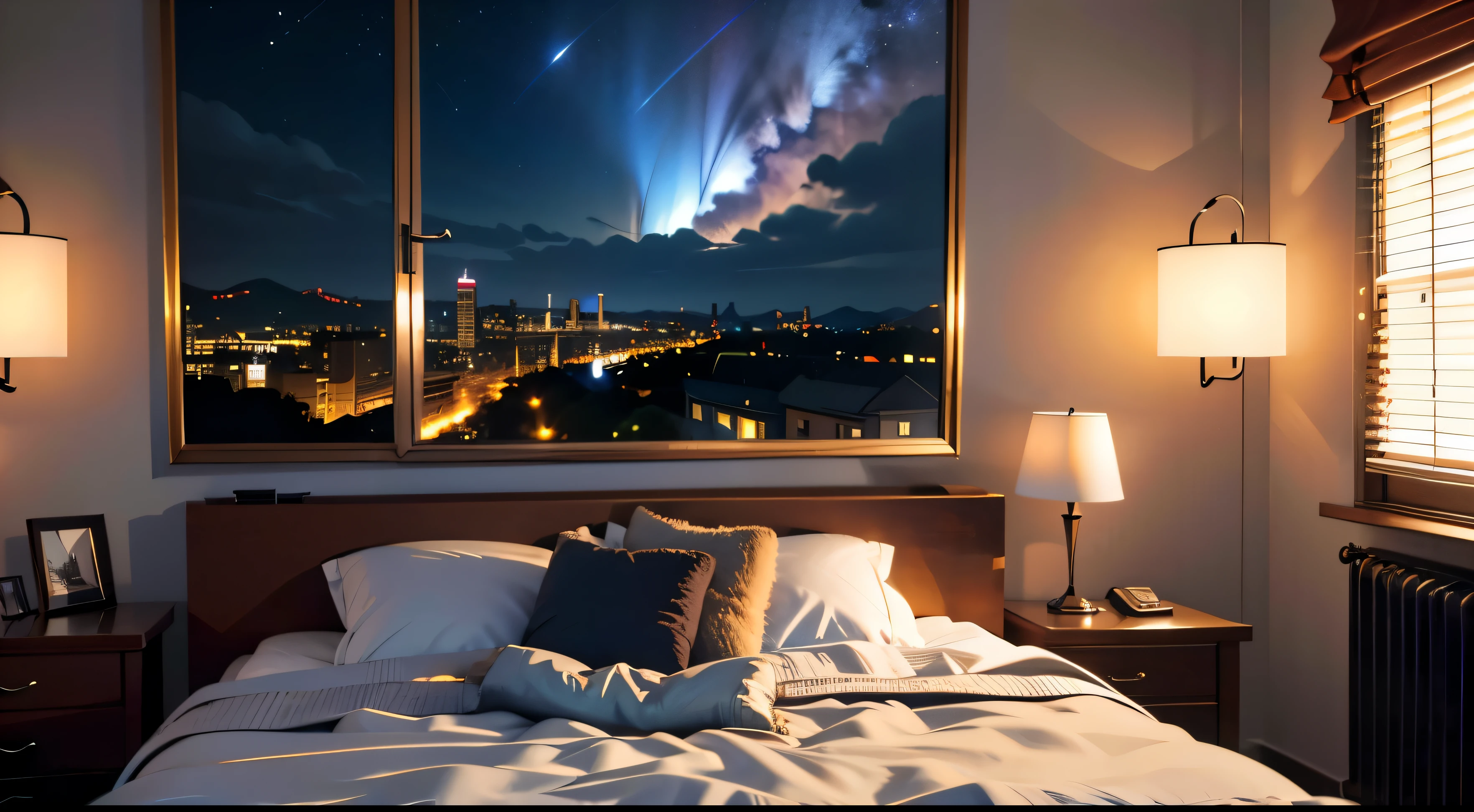 ((masterpiece), best quality, ultra realistic, super detailed, [(raw photo, 8k, ultra high res:1.1)], [nightlight:1.2], good contrast, [(32k:0.6, ultra realistic:0.8)], (bedroom:1.1)), Gray satin bed in the centre, Wide window on the side, City Night view.