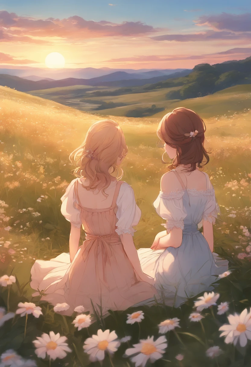 top view, anime style with simple ink lines, digital illustration of a cute couple of adult women standing in a beautiful meadow at sunset, backlit, wearing flowy dresses, tiny flowers, upper view, relaxing, pixiv, konachan, detailed faces, bold ink lines, cel shaded, art by MSchiffer, full color, triadic colors, shonen, summer vibes, innocent, pure, lovely