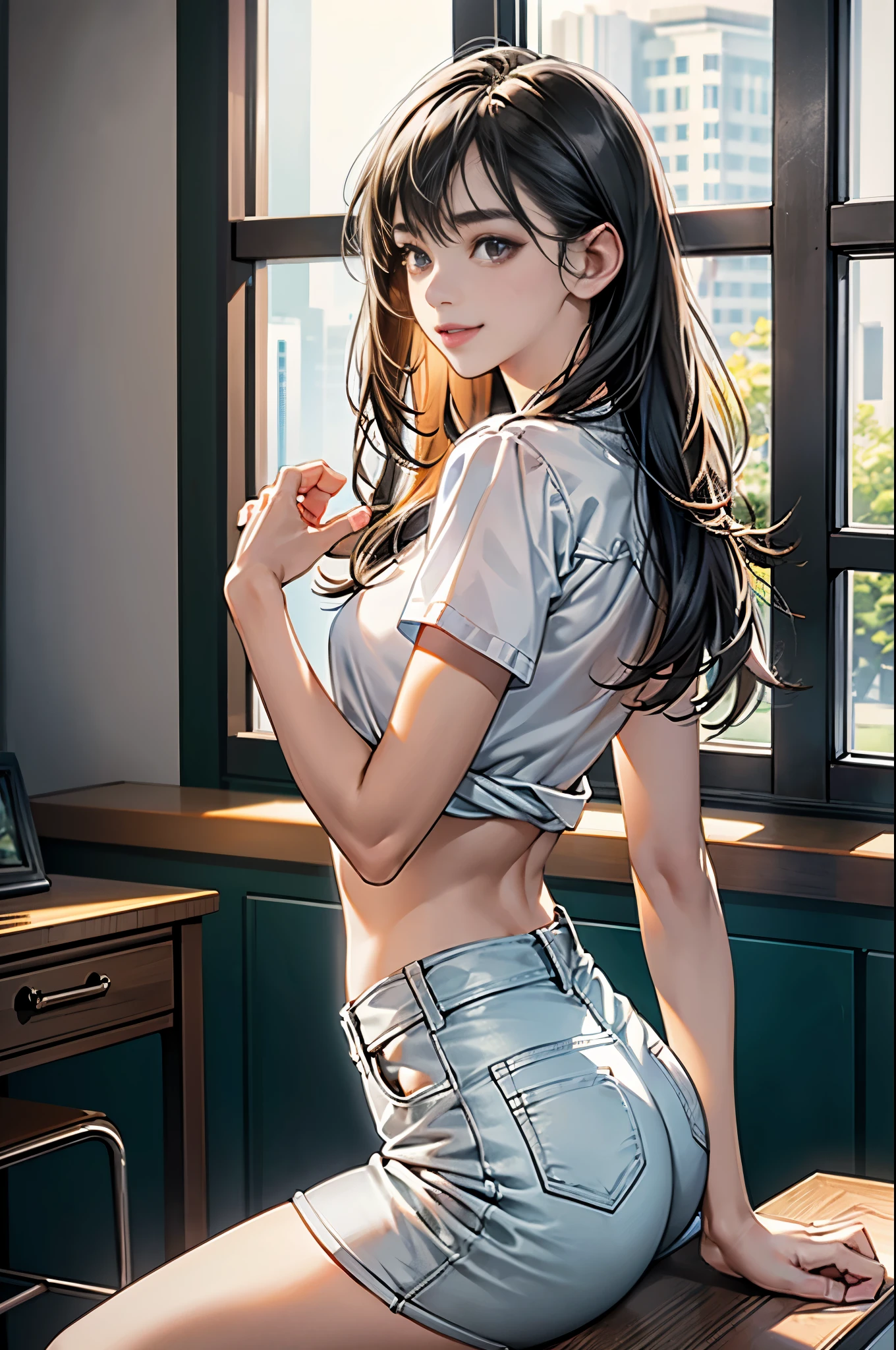 RAW photo:1.0, photorealistic:1.0, masterpiece:1.0, best quality:1.0, Highest details:1.1, vibrant colors:1.0, high resolution,BREAK (from below:1.3, looking down:1.0, ground-level low angle shot:1.2),(Scale to fit the dimensions:1.3, ass closeup:1.3, ass focus:1.0, sharp focus:1.1),( perfect anatomy:1.3, detailed perfect five fingers:1.3), BREAK (1girl),(sitting on the Desk:1.1,sticking out butt, leaning forward, looking back at Viewer:1.0),(white_short_pants, white_cropped_top),highest detailed white pale skin:1.0, slender body, small hips:1.0, thin legs:0.9, Perky breasts, BREAK (highest detailed face:1.0),( beautiful, very adorable:1.2, pretty:1.1),( cute smile:1.1),( shiny long black hair, dark brown eyes, glossy lips:1.0),beautiful face:1.0, perfect face, attractive face:1.0, BREAK (perfect lighting:1.0,extreme detailed, highest detailed, depth of field), beautiful scene in her room, desk, dark theme