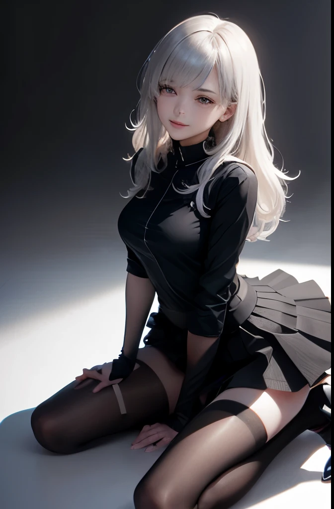 best quality, lifelike, Super detailed, fine details, high resolution, 8k wallpaper, 1 beautiful woman,, silver messy hair, 穿着black衬衣, pleated skirt, black, High heels sharp focus, Beautiful and delicate eyes, fine hair, 细致lifelike的皮肤纹理, smiling, , Model body shape, bend over, Perfect dynamic composition