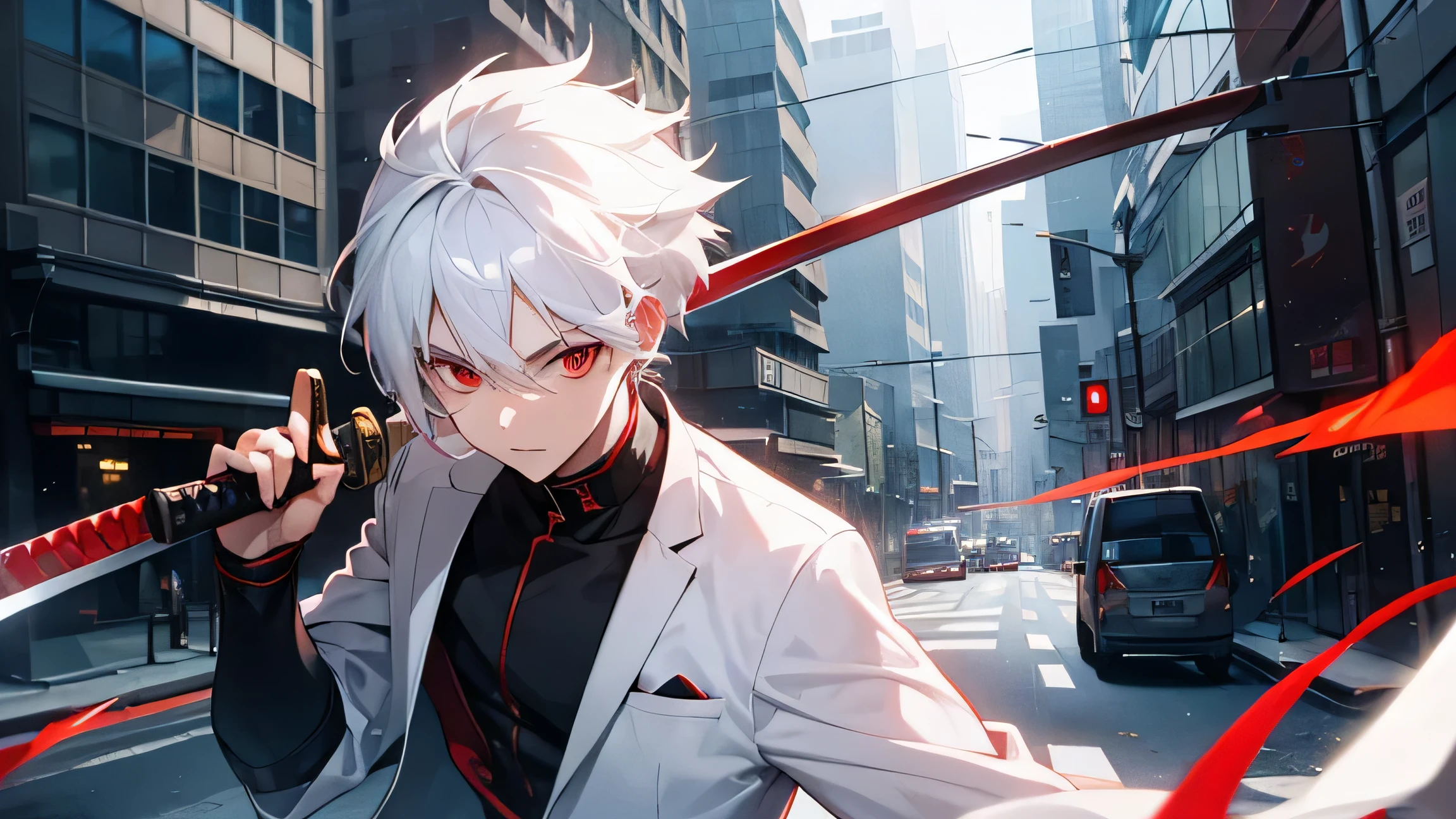 boy, Red eyes, White hair, Katana, modern city