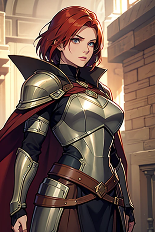 Woman warrior,bronze armor,Plate Mail,redhead,woman,wearing a brown cape,short hair，muscular