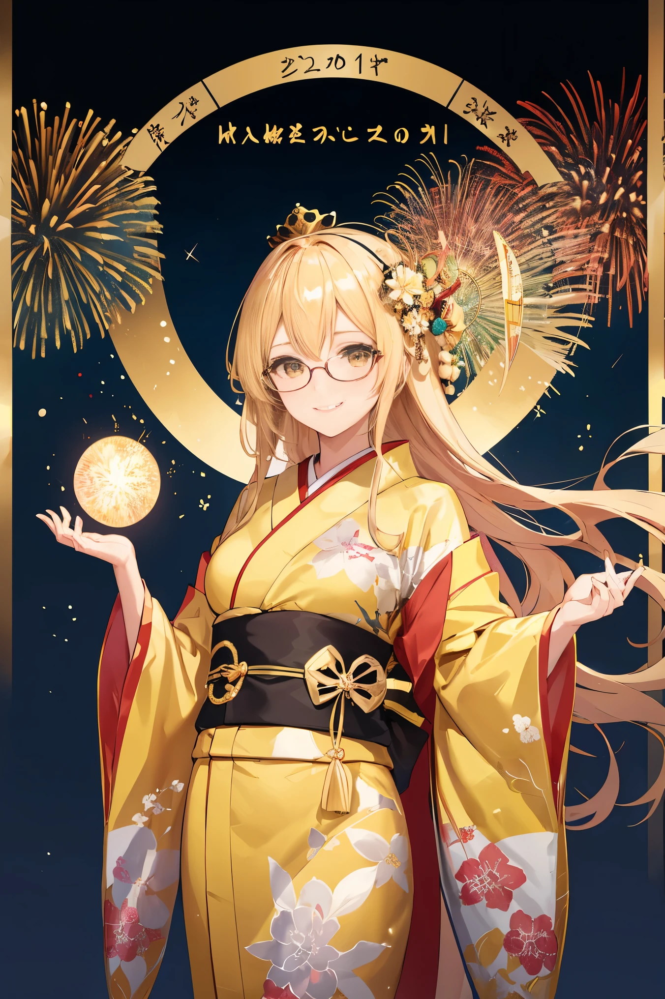 "anime girl, 1 person, bright blonde hair, yellow eyes, glasses, crown on head, female kimono, yellow kimono with black trim with intricate patterns, big breasts, long stockings, standing cross-legged, angle  view from different directions, solo, shy smile, blushing, festival, night, New Year's Eve fireworks, watching fireworks (full HD 4K+ image)"