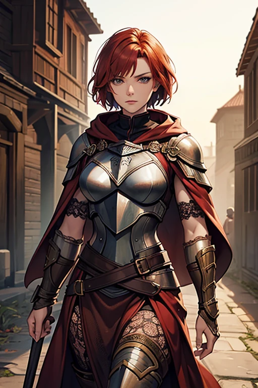 Woman warrior,bronze armor,Plate Mail,redhead,woman,wearing a lace cloak,short hair，muscular,
