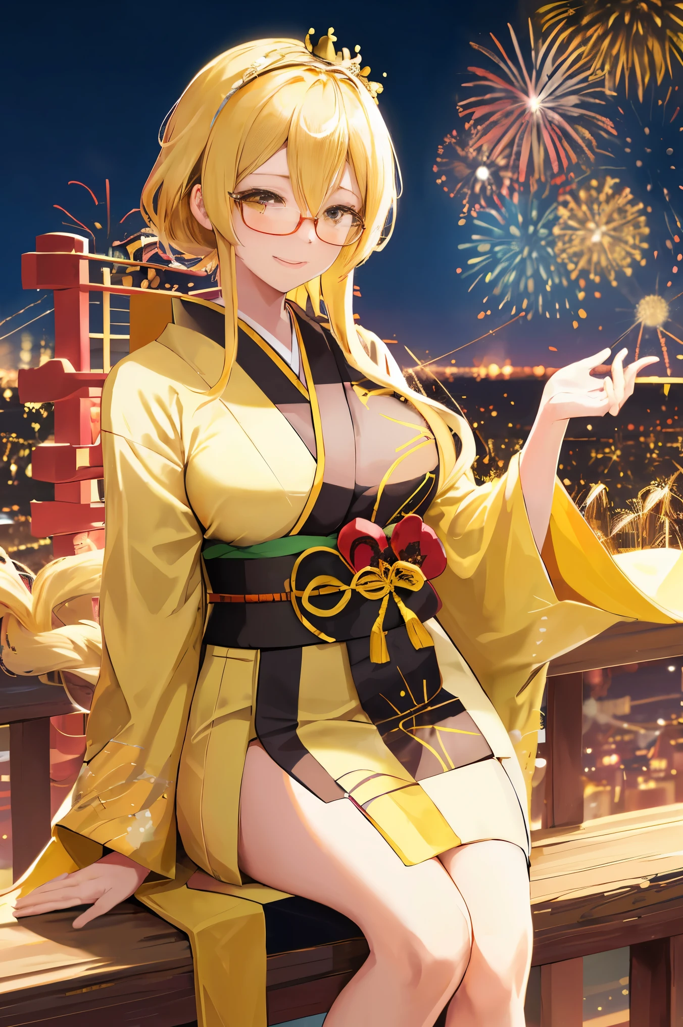 "anime girl, 1 person, bright blonde hair, yellow eyes, glasses, crown on head, female kimono, yellow kimono with black trim with intricate patterns, big breasts, long stockings, standing cross-legged, angle  view from different directions, solo,  smile, blushing, festival, night, New Year's Eve fireworks, watching fireworks (full HD 4K+ image)"