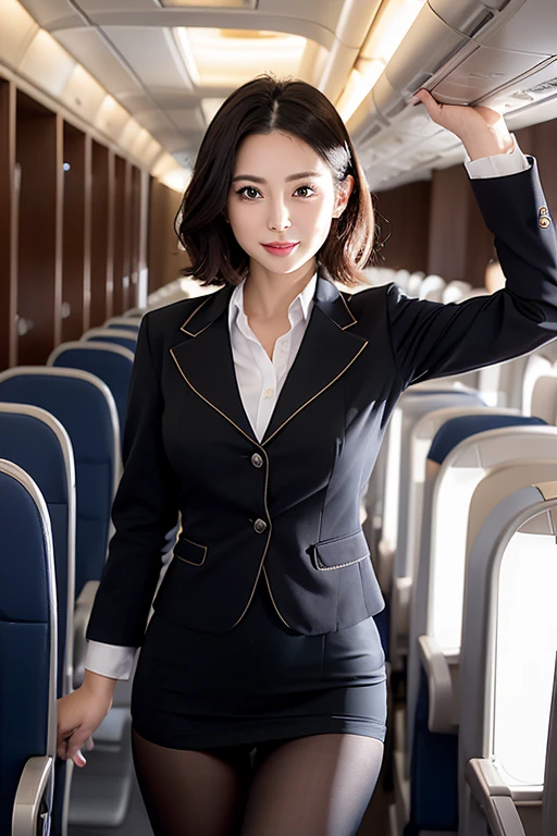 highest quality, masterpiece, Super high resolution, (Photoreal:1.4), 1 female flight attendant、beautiful expression、symmetrical eyes、big breasts、perfect body proportions、(black stewardess uniform jacket)、Unbutton the chest、(black pantyhose)、(Black panties are visible)、(Black bra is visible)、(red neckerchief)、4 Look at the viewers、(On the plane:1.2)、long legs(1.3)、smile、graceful posture、inside of a passenger plane、cheeks flushed、short hair、(standing with dignity)