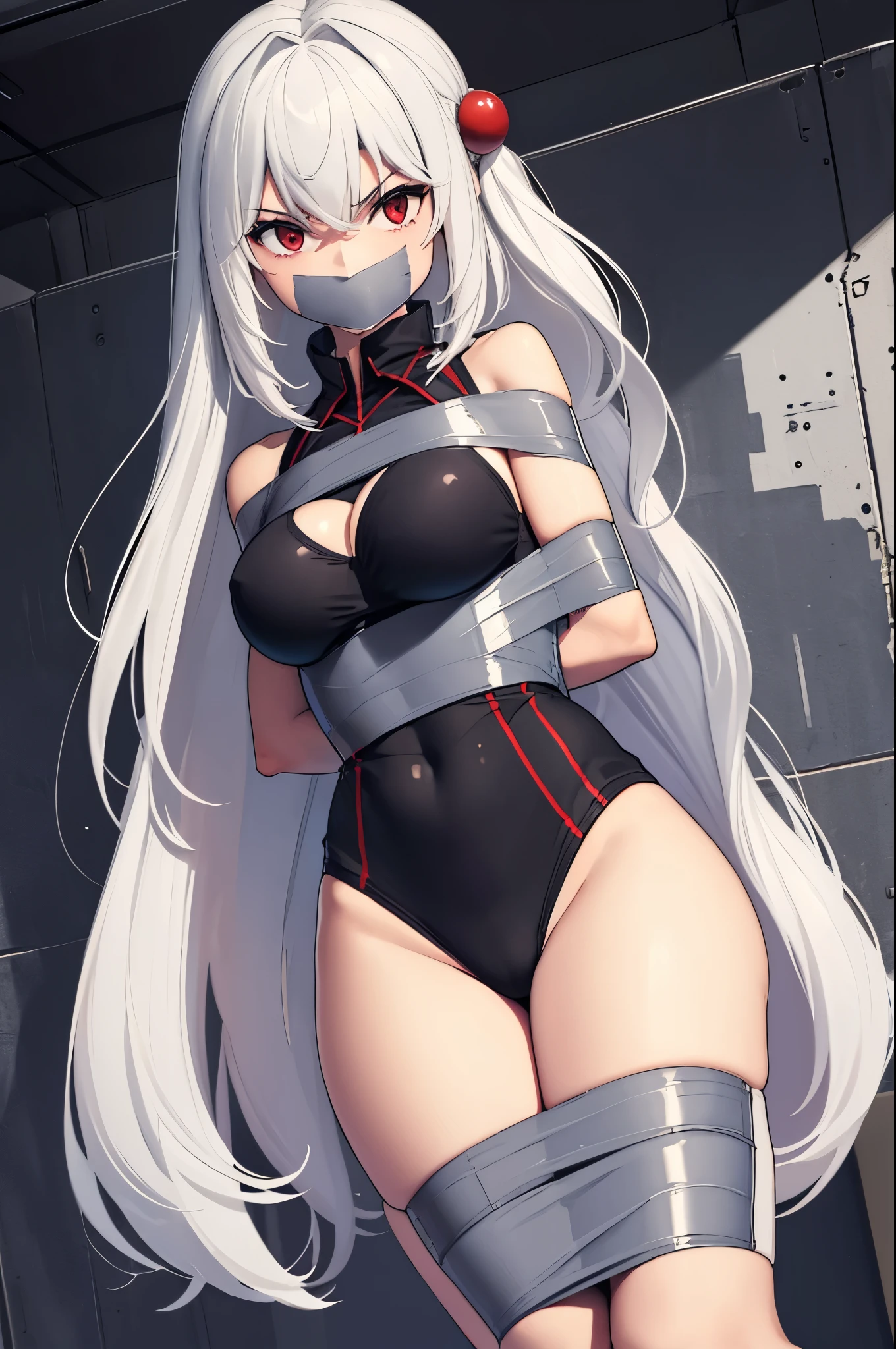 white hair,red eyes,(absurdres, 8k, 4k, masterpiece, hyper extreme detailed:1.2), solo, 1girl, front view, perfect face, 1girl, looking at viewer, solo, Female, toned body, mature female, large breasts, pale, , long hair, swept bangs, athletic body,perfect anatomy, bound, bondage, (arms behind back:1.4), (bdsm, tape gag, tape, tape bondage, restrained, best anatomy, tape wrapped, wrap gag, tightly bound, tape wrapped around face, tape above breasts, tape below breasts, tape gag, long hair, tape between breasts, taped forearms, taped elbows, taped abdomen, taped nose, taped between arms, black t-shirt, sleeveless)
