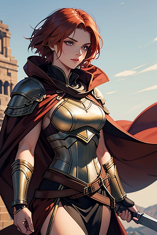 20s,Woman warrior,bronze armor,redhead,woman,wearing a cloak,short hair,muscular