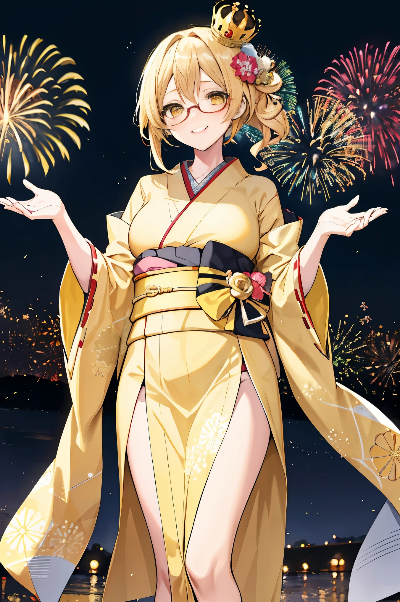 "anime girl, 1 person, bright blonde hair, yellow eyes, glasses, crown on head, female kimono, yellow kimono with black trim with intricate patterns, big breasts, long stockings, standing cross-legged, angle view from different directions, solo, shy smile, blushing, festival, night, New Year's Eve fireworks, watching fireworks (full HD 4K+ image)"