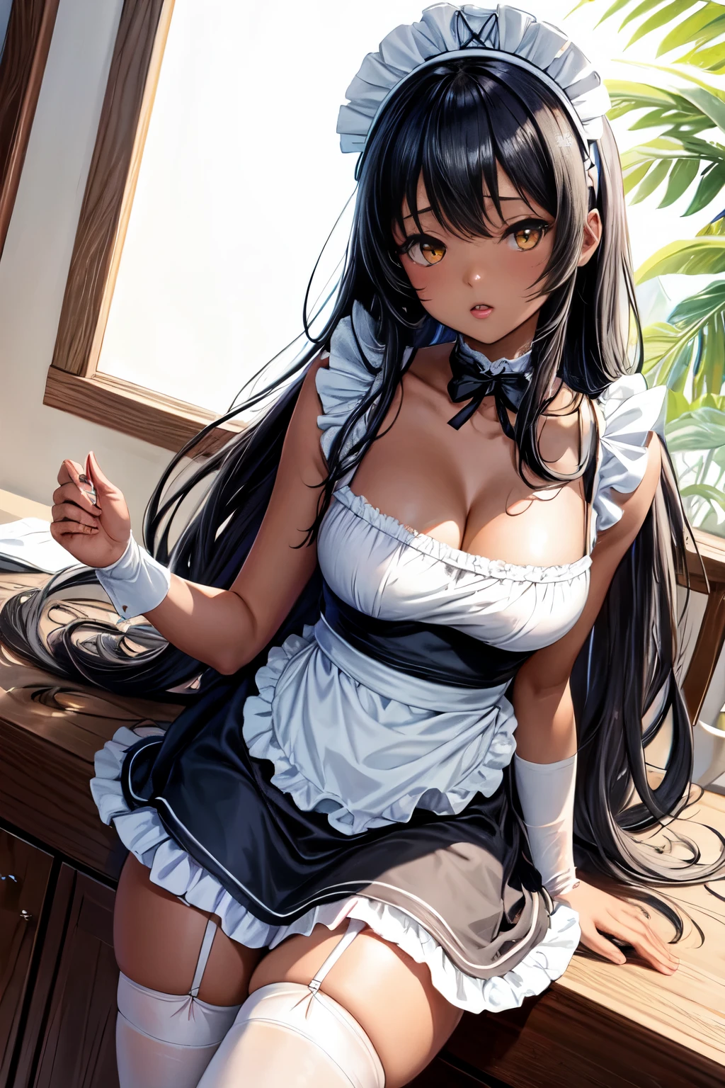 a very sexy anime anime figurine of a female wearing a maid outfit, 1girl, solo, dark-skinned female, breasts, dark skin, naked apron, apron, black hair, cleavage, maid headdress, long hair, yellow eyes, looking at viewer, white apron, collarbone, bangs, frilled apron, large breasts((kiddie, JC,littlegirl,kodomo))