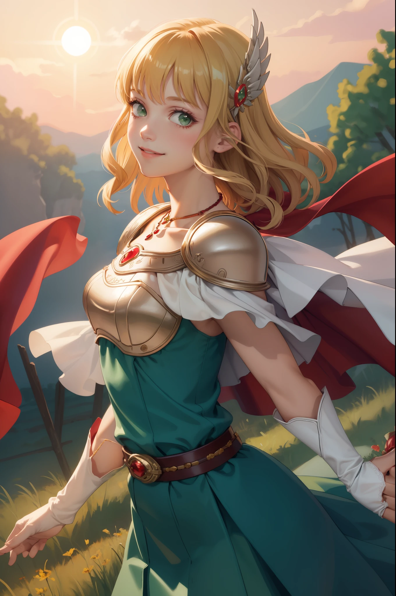 masterpiece, best quality, nanna, hair ornament, necklace, armor, red cape, green dress, belt, white gloves, upper body, looking at viewer, smile, field, sky, sunset, from side 