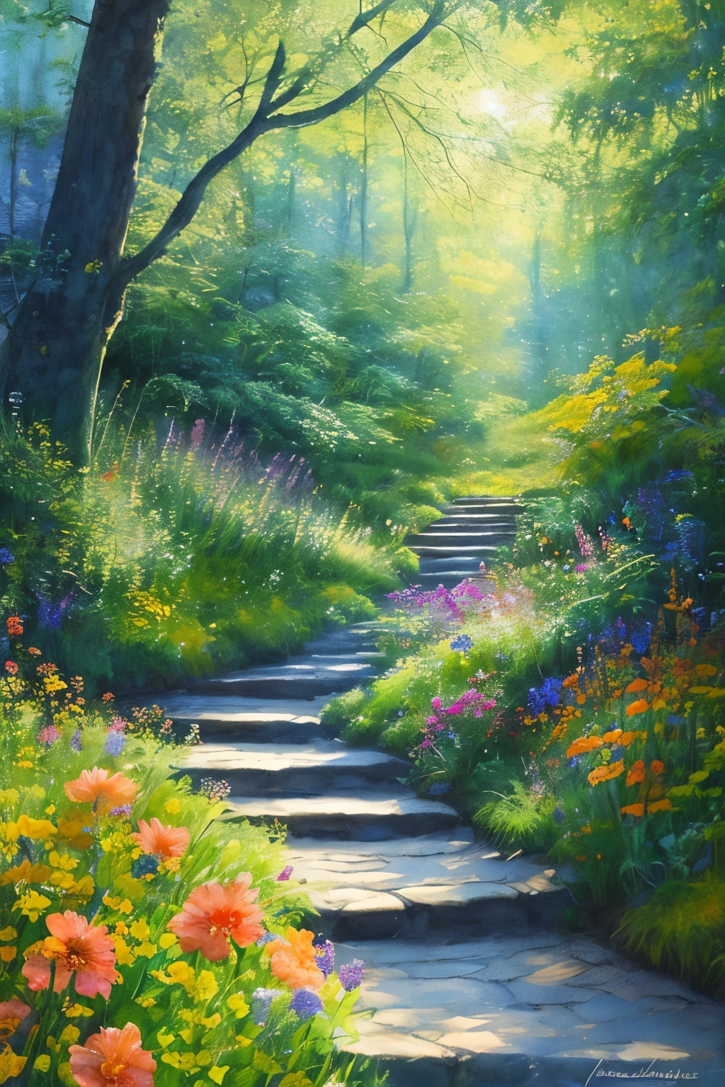 Watercolor painting: A backpack full of adventures lies on a forest trail, surrounded by an array of vibrant wildflowers, their petals unfurling in the sunlight. Sunlight pours down through the cracks in the clouds, casting dappled patterns on the forest floor, as a serene quietness envelops the scene. Intricately detailed watercolor strokes bring this abstract and enchanting moment to life, inviting the viewer to imagine the adventures that await just beyond the frame.
(Masterpiece: 1.5, best quality), (fine, detailed brushwork: 1.1), (impressive use of light and shadow: 1.3), (