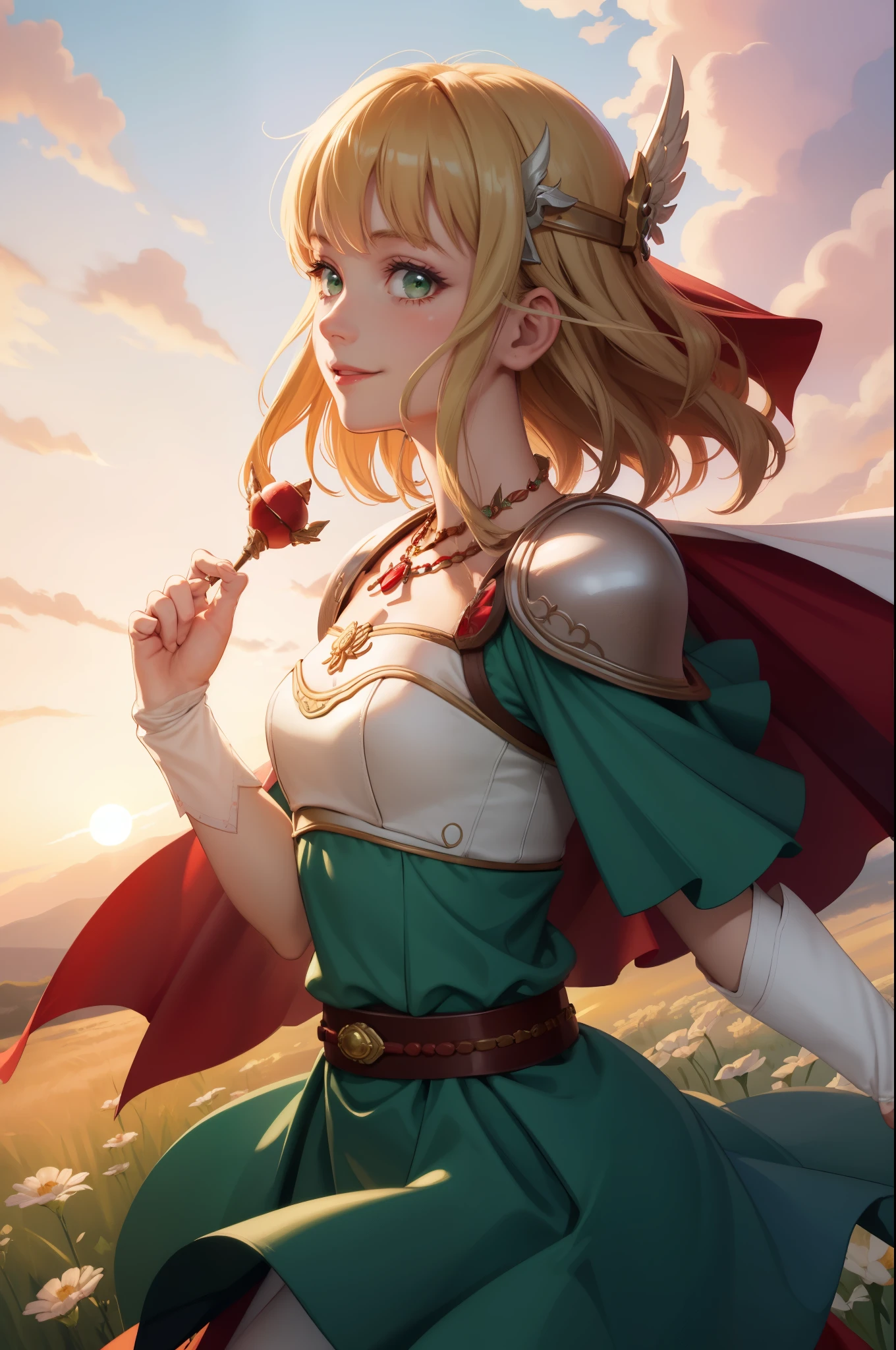 masterpiece, best quality, nanna, hair ornament, necklace, armor, red cape, green dress, belt, white gloves, upper body, looking at viewer, smile, field, sky, sunset, from side 