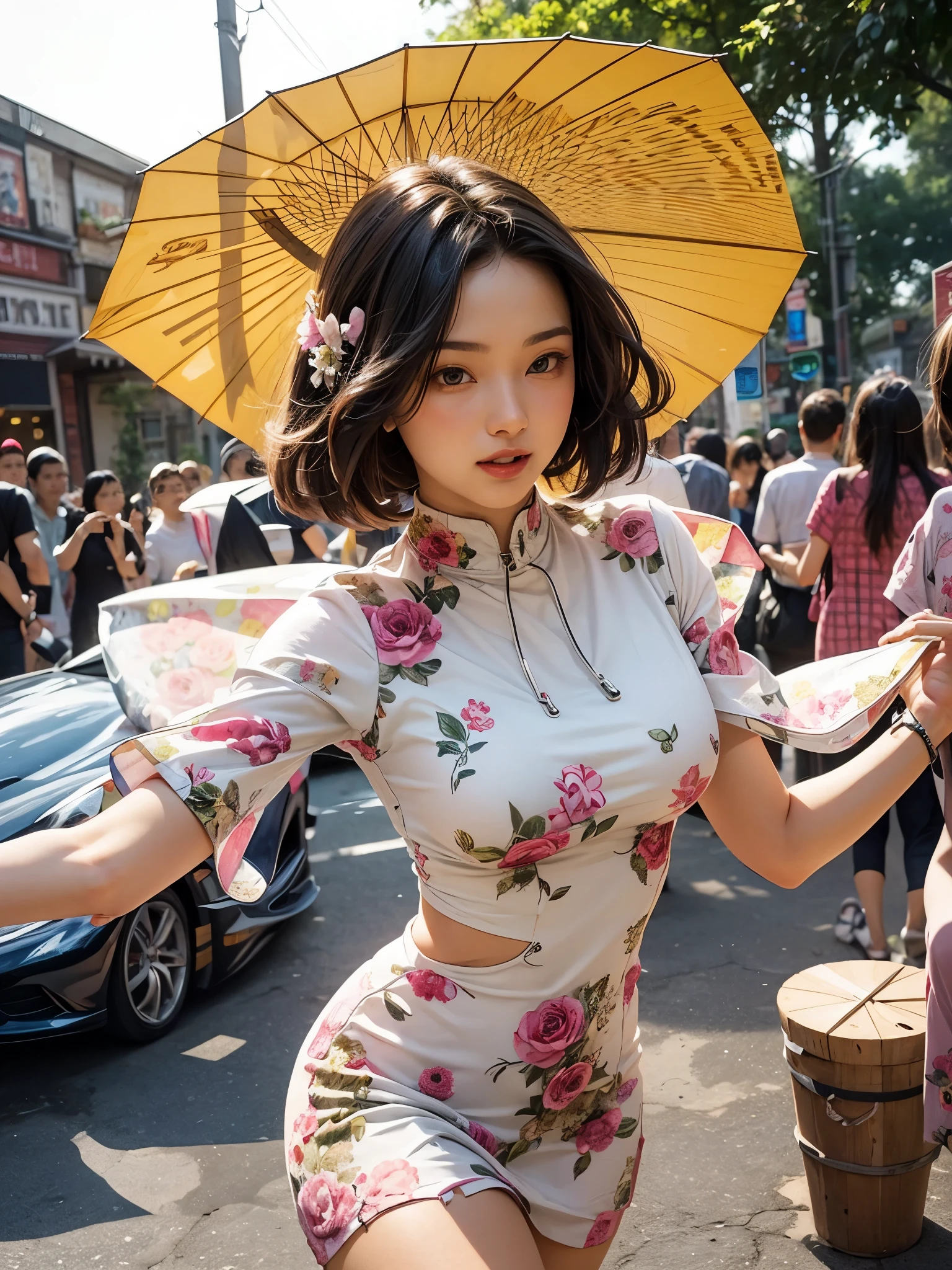 (vibrant),(playful),(chai pao),(colorful prints),(energetic pose),(bob haircut),(accessories: umbrella, Fans, and flowers),(bright look),(dynamic movement)