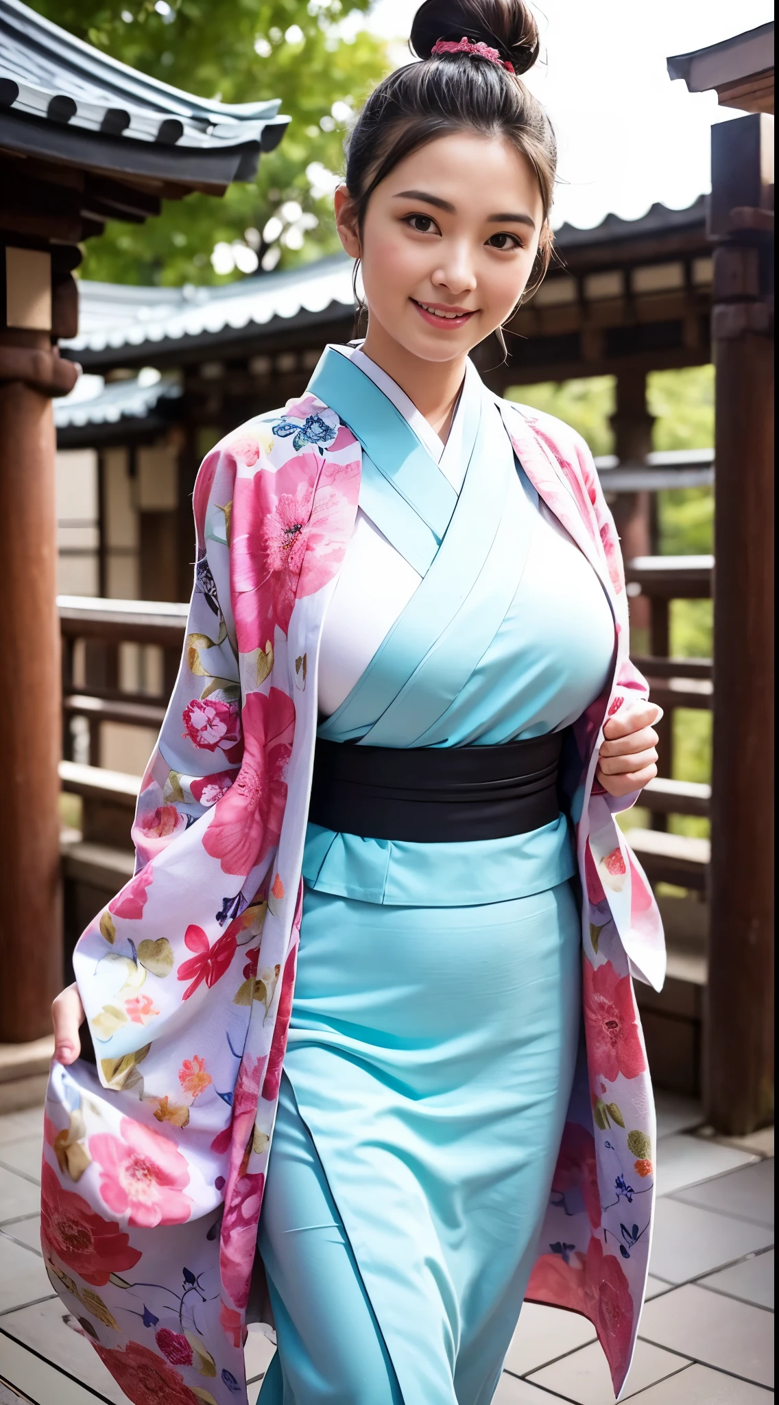 A close up of a woman in a blue and pink kimono - SeaArt AI