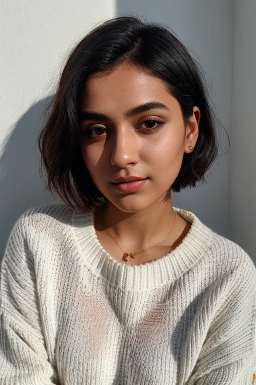 instagram photo, 21yo french woman, short hair, black hair, closeup portrait, sweater, pale, hard shadows make Full realistic Indian Look. WHITE COLOUR BEST sweater