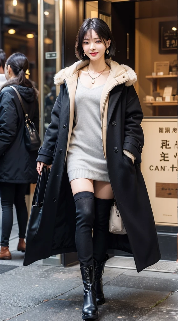 masterpiece、Super high quality、High definition、Super detailed、clearly down to the fingers、body whole、Take a picture of the whole body、金髪、short bob、double eyelids、tear bag、Sexy Lips、earrings、necklace、bracelet、boots、knee high socks、black dress、coat、Winter clothes、Namba、smile、整った眉毛、スタイル抜群、