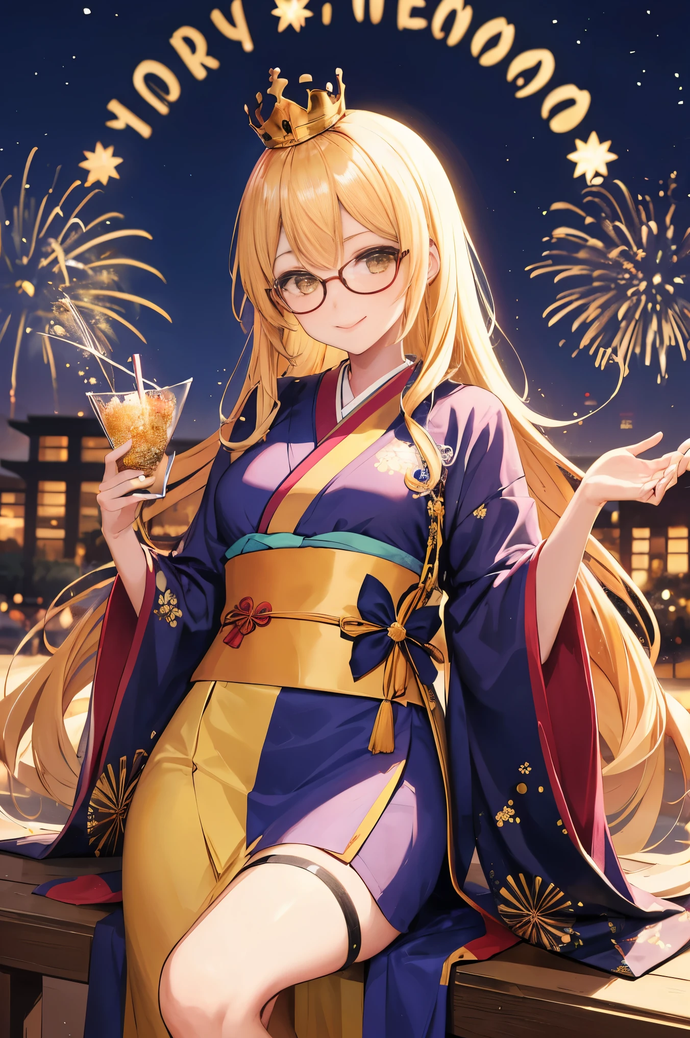 "anime girl, 1 person, bright blonde hair, yellow eyes, glasses, crown on head, female kimono, yellow kimono with black trim with intricate patterns, big breasts, long stockings, standing cross-legged, angle  view from different directions, solo,  smiled gently, blushing, festival, night, New Year's Eve fireworks, watching fireworks (full HD 4K+ image)"