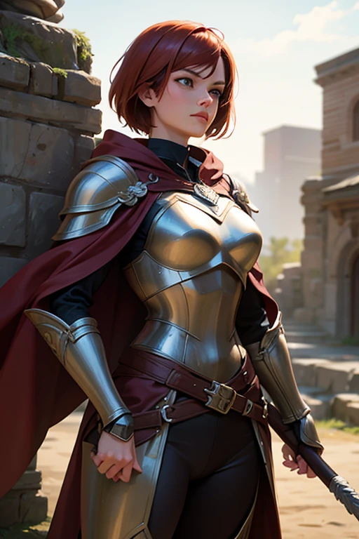 Woman warrior,bronze armor,Plate Mail,redhead,woman,wearing a brown cape,short hair,muscular