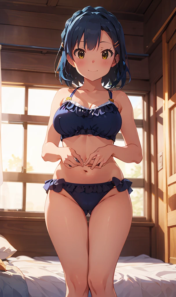 yuriko nanao (million live),(best quality, 8K, masterpiece, ultra detailed:1.2), (lens flare, light particles, sparkle), depth of field, sitting on a luxury hotel bed, sunset,orange sky, 1girl, huge breasts, sexy,light smile,solo,cute,sexy,innocent, sexy lingerie,swimsuit、 Bukkake,hairclip, (plump), curvy,thick thighs, fertilization, wide hips, standing, thick thighs,utch angle, sexually suggestive,inclinando-se para a frente,
