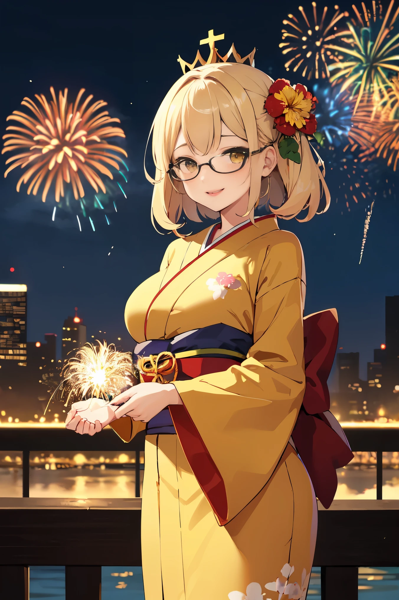 "anime girl, 1 person, bright blonde hair, yellow eyes, glasses, crown on head, female kimono, yellow kimono with black trim with intricate patterns, big breasts, long stockings, standing cross-legged, angle view from different directions, solo, smiled gently, blushing, festival, night, New Year's Eve fireworks, watching fireworks (full HD 4K+ image)"