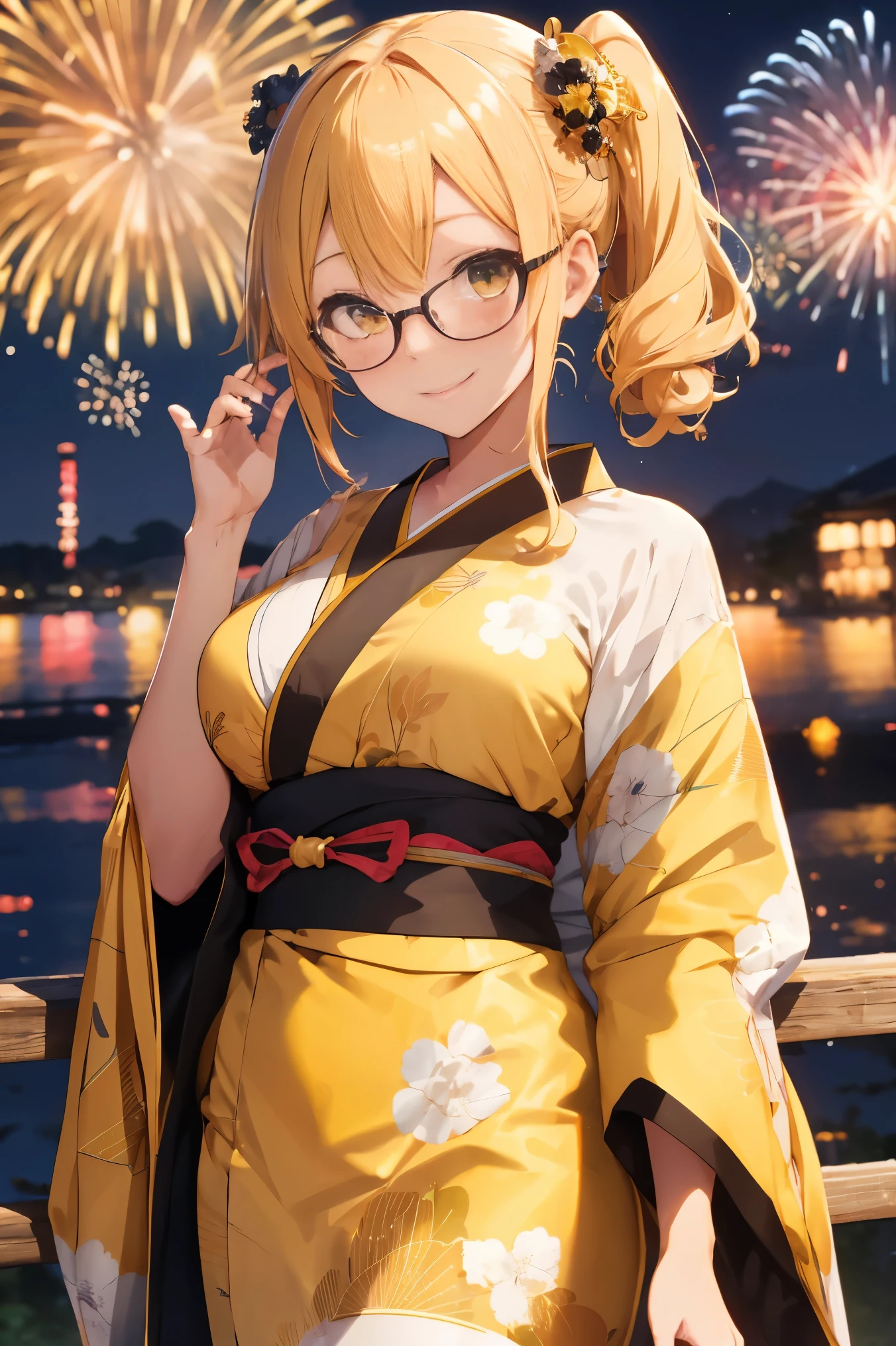 "anime girl, 1 person, bright blonde hair, yellow eyes, glasses, crown on head, female kimono, yellow kimono with black trim with intricate patterns, big breasts, long stockings, standing cross-legged, angle  view from different directions, solo,  smiled gently, blushing, festival, night, New Year's Eve fireworks, watching fireworks (full HD 4K+ image)"