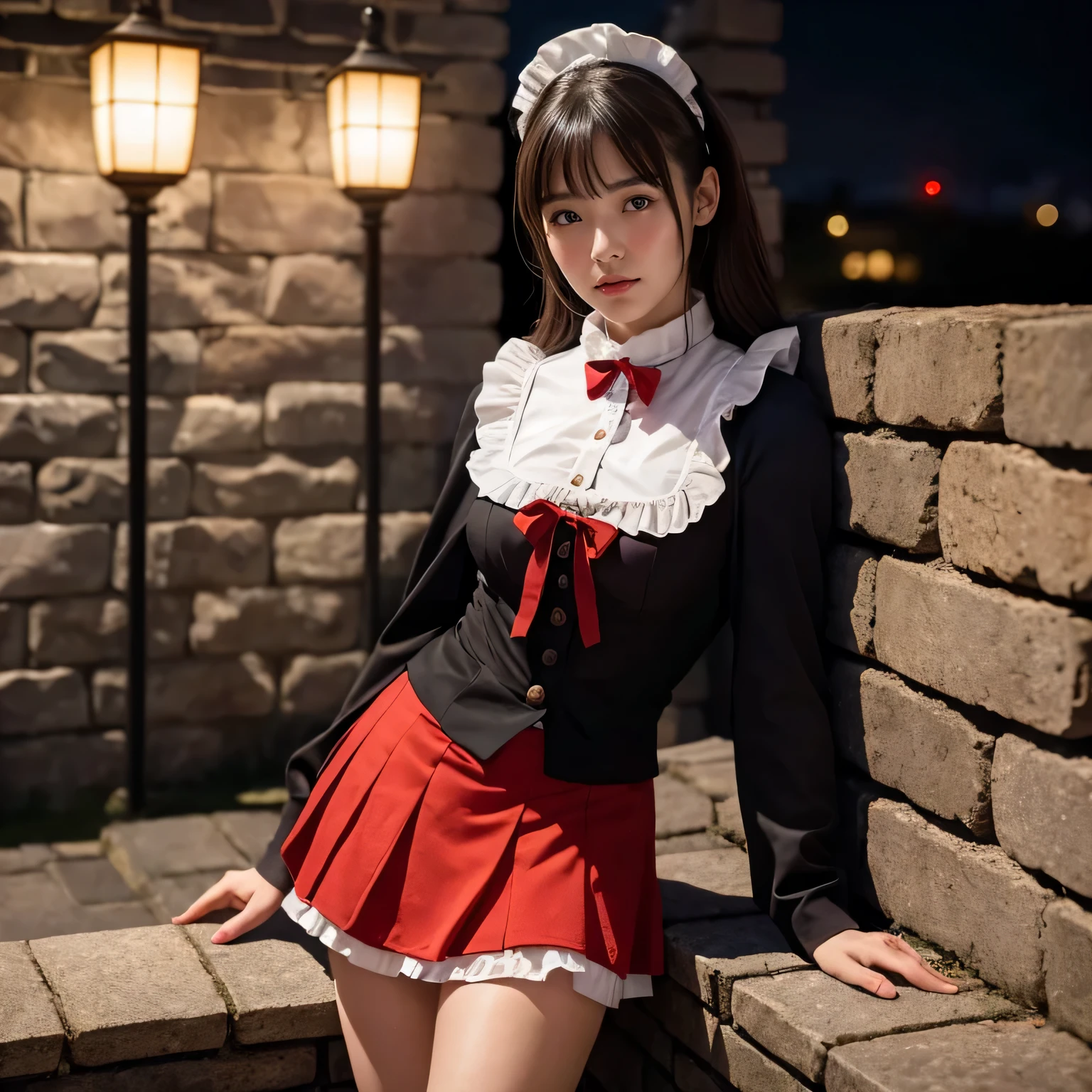 8K quality、masterpiece、live-action、real human feeling、realistic skin texture、natural skin、A maid in a maid cafe wearing a red hood is leaning against a stone wall.、Bewitching Japan Woman、toned body、micro mini skirt、A city with cobblestone floors、night、cinematic lighting