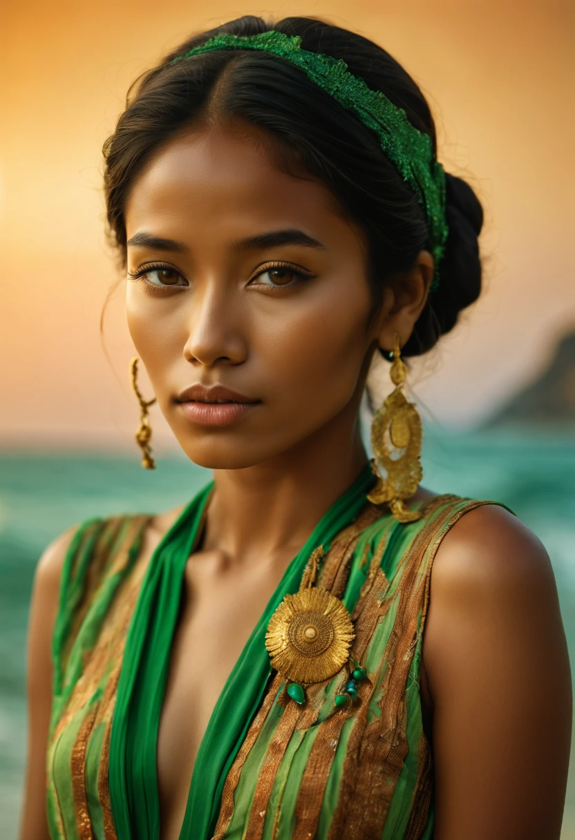 An exquisite portrayal of a young brown skinn filipina woman, captured in a realistic photograph that reverberates with her unique grace. The photograph encapsulates the essence of an 18-year-old girl, radiating confidence as she dons a sundress that complements her ebony skin. A striking twist to her appearance is her vibrant green hair, a testament to her individuality and artistic flair. The setting is a serene beach, where the golden sand meets the gentle waves, providing a backdrop that echoes her natural beauty. The image focuses solely on her, allowing her charm to take center stage. Presented in an immensely detailed CG unity 8k wallpaper format, this photograph delivers an unrivaled visual experience that meticulously captures every facet of her existence. A photograph like this is not just an image; it's a testament to the fusion of art and life. Crafted by the gifted Steve McCurry, a maestro of his craft, this professional and majestic portrait encapsulates the subject's essence in a manner synonymous with McCurry's name. Captured with an 8k UHD DSLR, the soft lighting elevates her features while a delicate film grain effect adds an air of timeless authenticity. The Fujifilm XT3 lens, set at f/5.6, ensures sharp focus and high detail, beautifully highlighting the contours and shades that define her unique beauty. The image carries a dramatic undertone, captured from a perspective that invites the viewer to connect with her on a deeper level. Her gaze, directed at the viewer, resonates with a weight of 1.2, forging an engaging and personal connection. The detailed pupils are magnified to 1.3, lending a mesmerizing depth to her expressive eyes. The use of natural light imparts a warm and genuine atmosphere, capturing the true essence of her radiance.