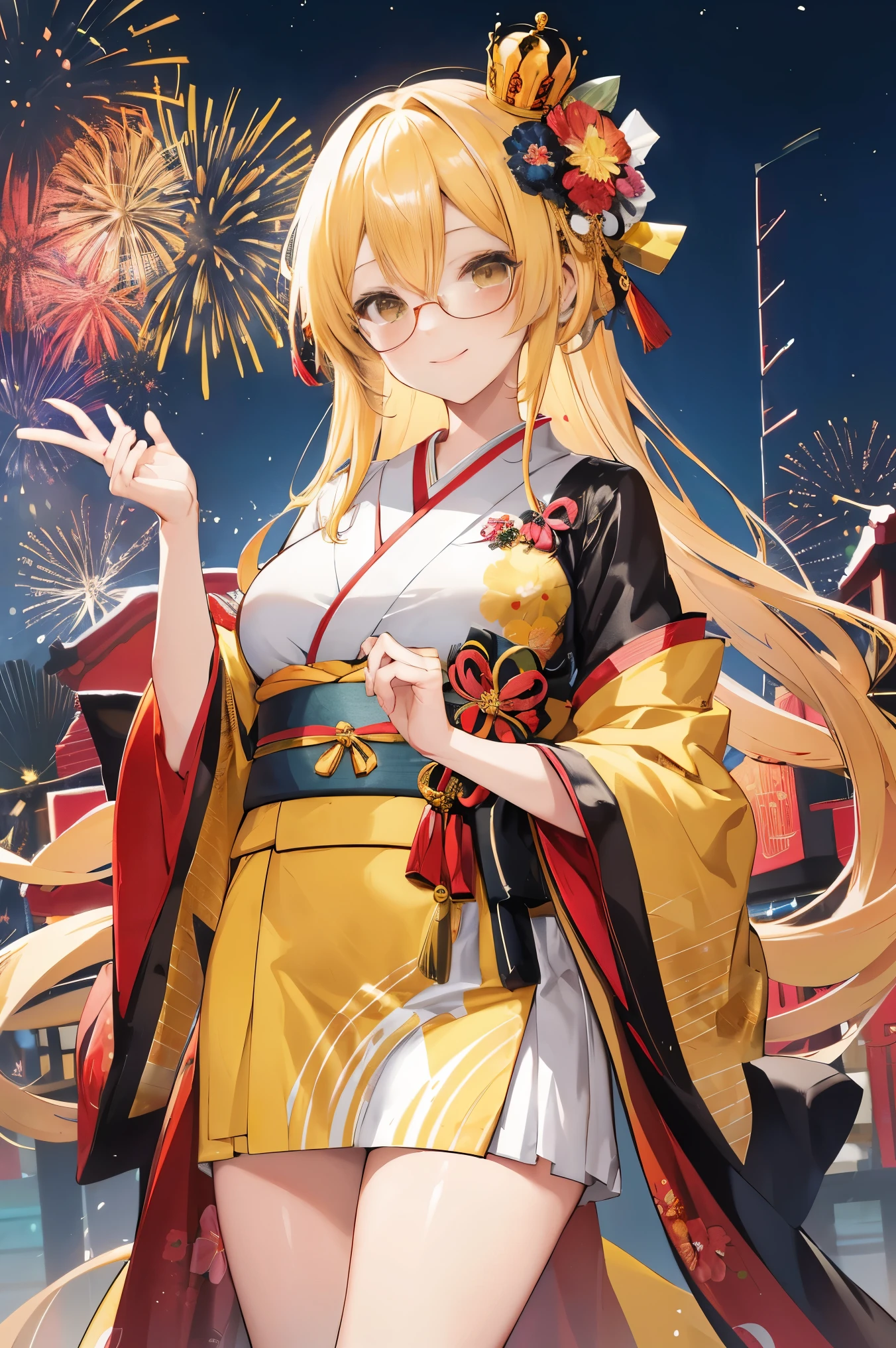 "anime girl, 1 person, bright blonde hair, yellow eyes, glasses, crown on head, female kimono, yellow kimono with black trim with intricate patterns, big breasts, long stockings, standing cross-legged, angle view from different directions, solo, smiled gently, blushing, festival, night, New Year's Eve fireworks, watching fireworks (full HD 4K+ image)"
