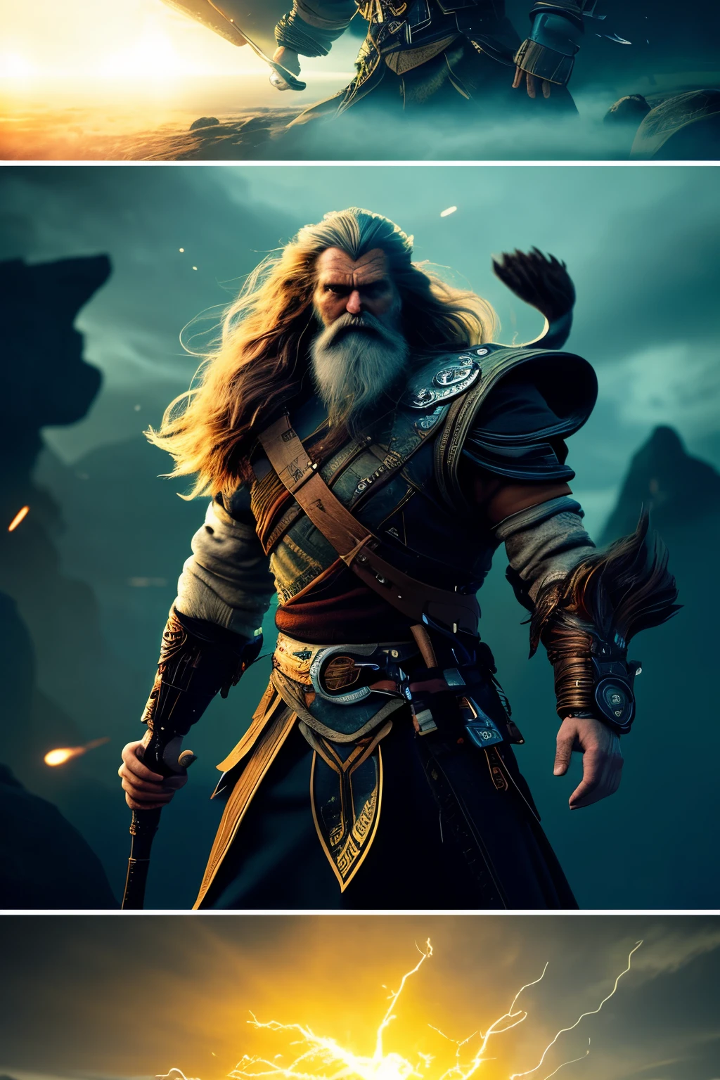 A futuristic Viking god with long beard and hair, wielding two divine hachas in each hand, boldly fighting against the darkness. This high-definition 8K image captures the god's fierce and determined expression with every detail visible, showcasing the intricacies of his muscular body and the textures of his flowing beard and long hair. The god's piercing eyes gleam with an electric energy, contrasting the darkness he is battling against. The scene is rendered in a dynamic, cinematic style reminiscent of both Norse mythology and futuristic aesthetics.