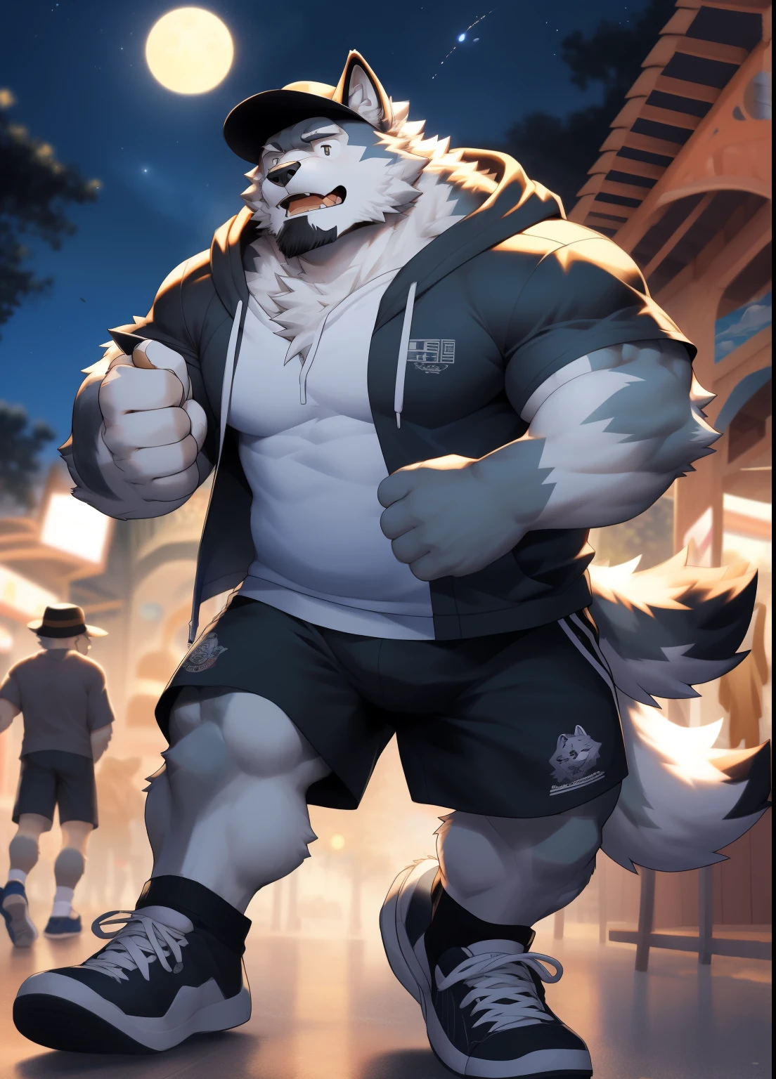 hairy，（（Wolf，white hoodie）），white fur，male，Common，（（极其lifelike阴影，masterpiece，Very detailed，lifelike）），
（（Cat）），Physical man，dynamic poses，dark night，amusement park