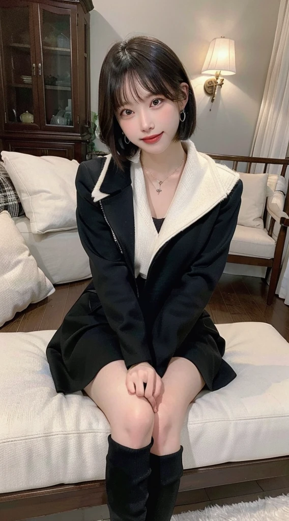 masterpiece、Super high quality、High definition、Super detailed、clearly down to the fingers、body whole、Take a picture of the whole body、金髪、short bob、double eyelids、tear bag、Sexy Lips、earrings、necklace、bracelet、boots、knee high socks、black dress、coat、Winter clothes、Namba、smile、整った眉毛、スタイル抜群、