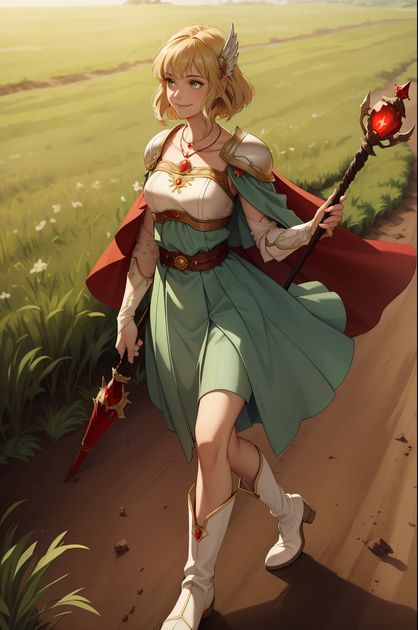 masterpiece, best quality, nanna, hair ornament, necklace, armor, red cape, green dress, belt, white gloves, boots, walking, smile, closed mouth, walking, field, dirt road, holding a wizard's staff 