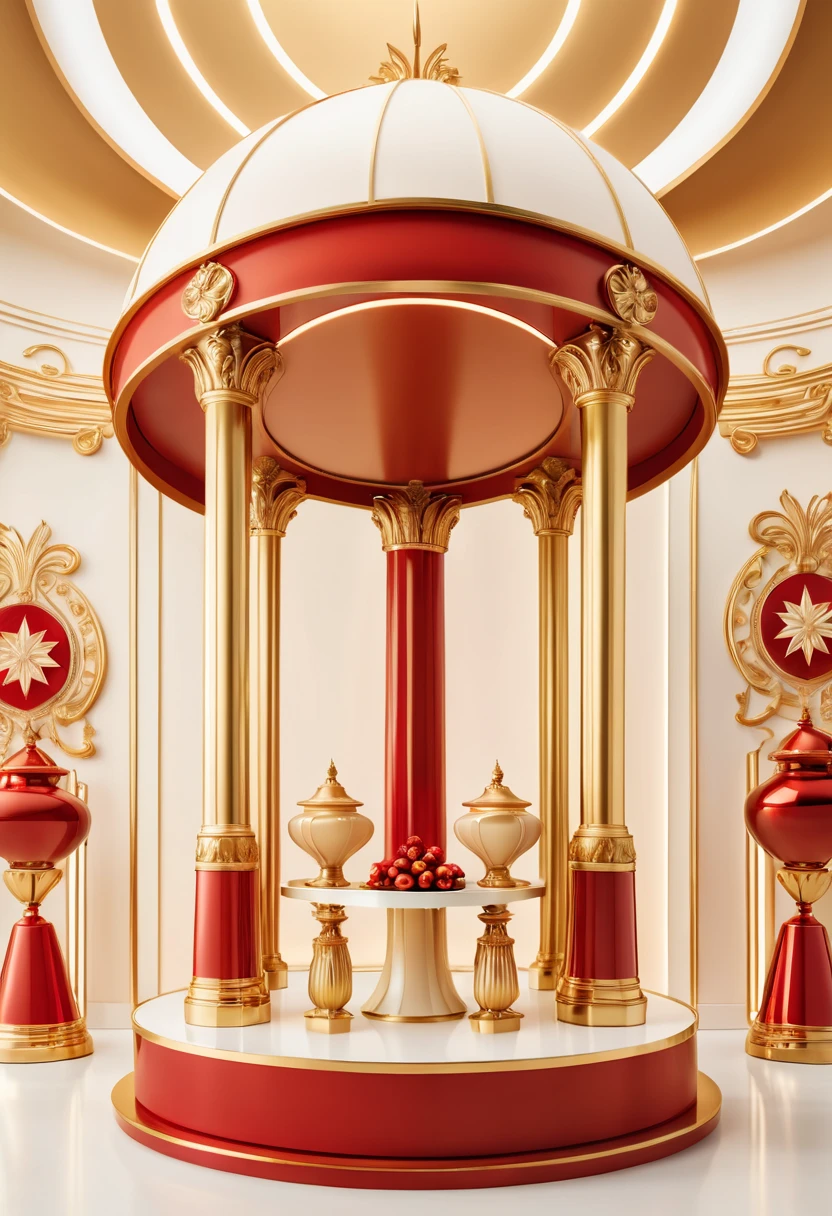 an elaborate red and gold stand, in the style of photorealistic compositions, commercial imagery, festive atmosphere, futuristic settings, light beige and white